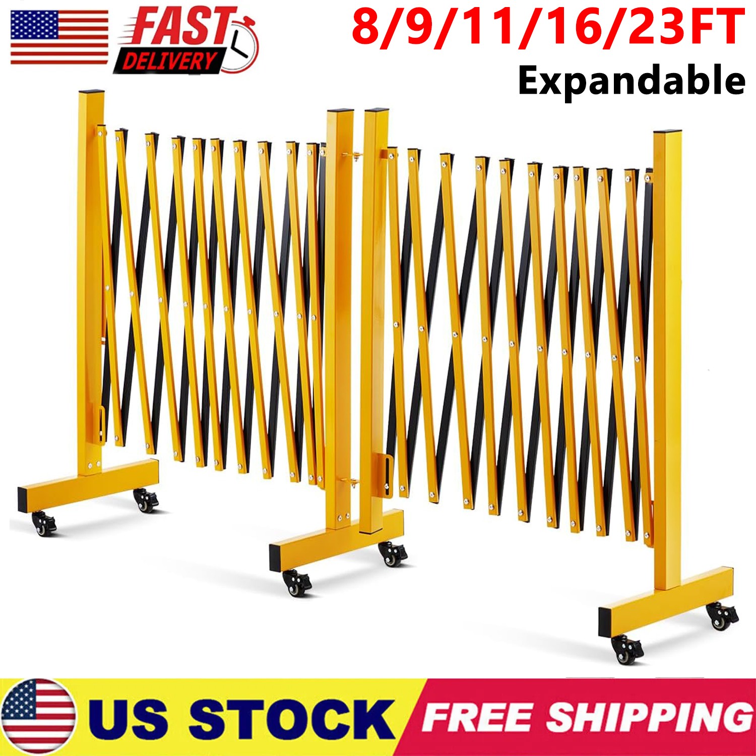 8ft–23ft Expandable Metal Safety Barricade Gate Folding Steel Barrier w/ Wheels