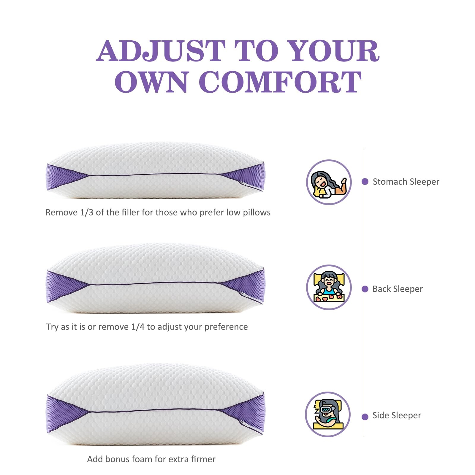 Adjustable Shredded Memory Foam Pillows Queen Size, Cooling Bed Pillows for S...