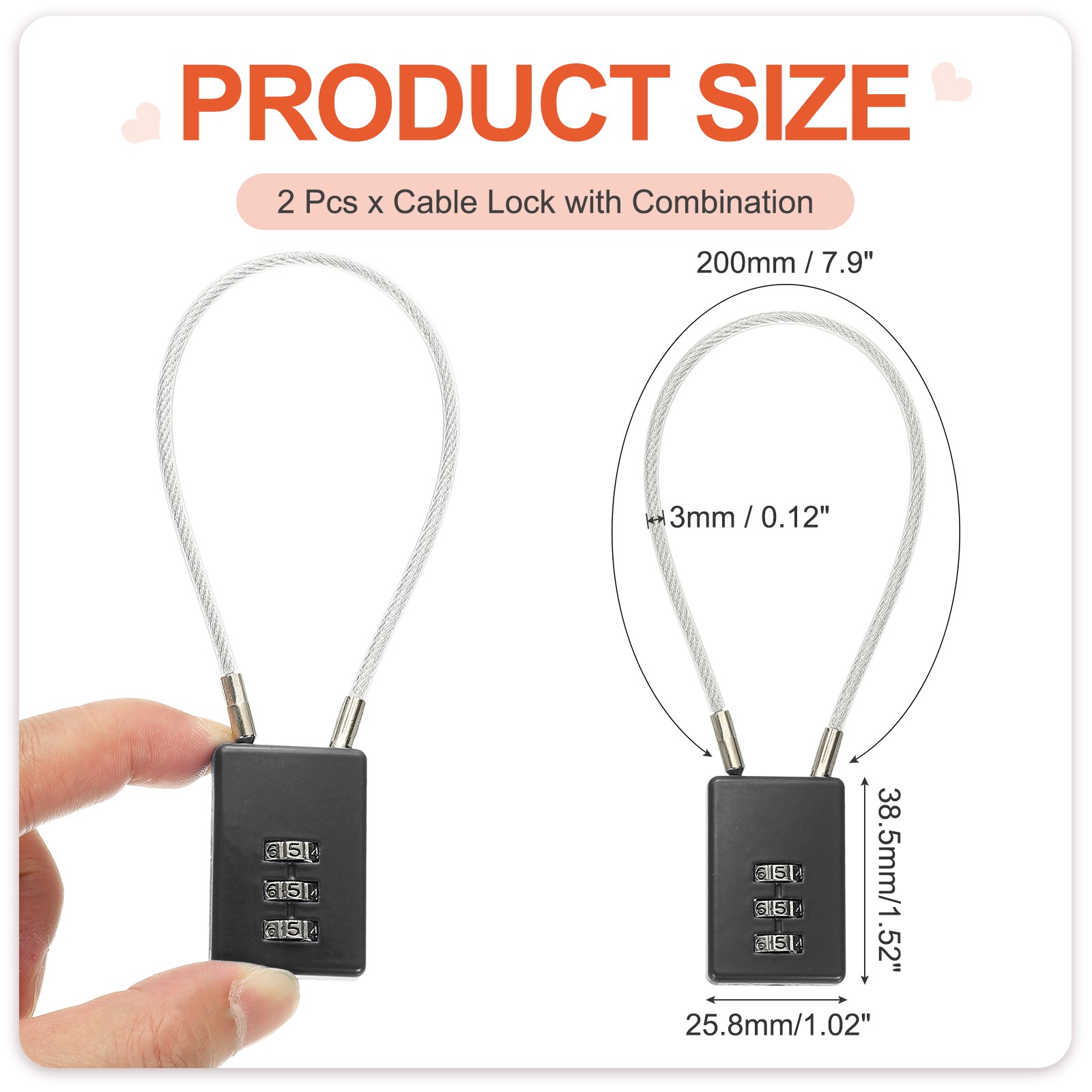 2 Pcs 3 Digit Cable Lock with Combination 7.9" Steel Rope Black