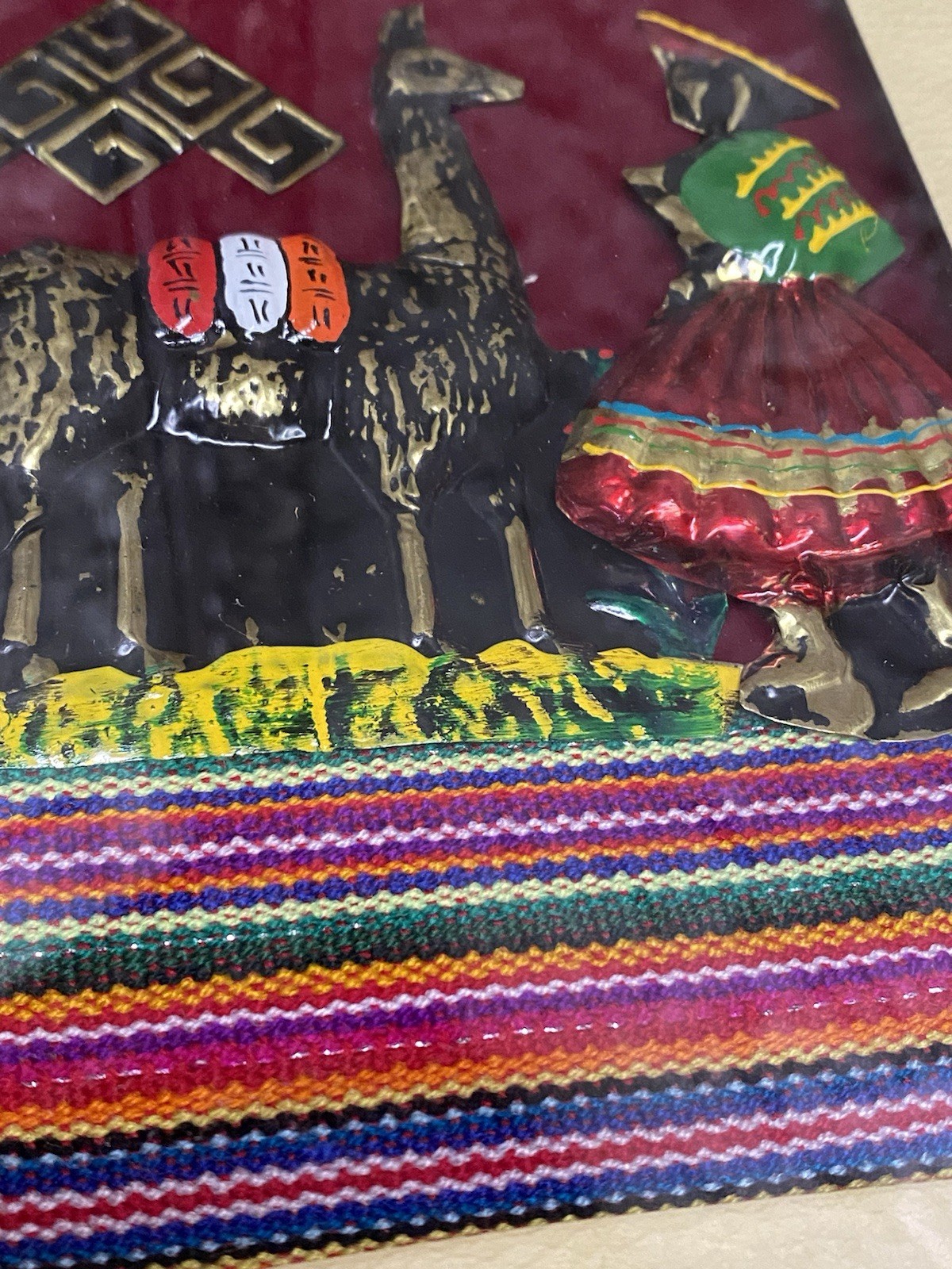 2 Peruvian Folk Art 3D Metal, Glass & Textile Llama Wall Art Plaques 10.5x8.5”