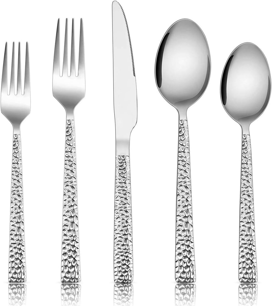 60-Piece Silverware Set Hammered Stainless Steel Square Flatware Cutlery Set 12