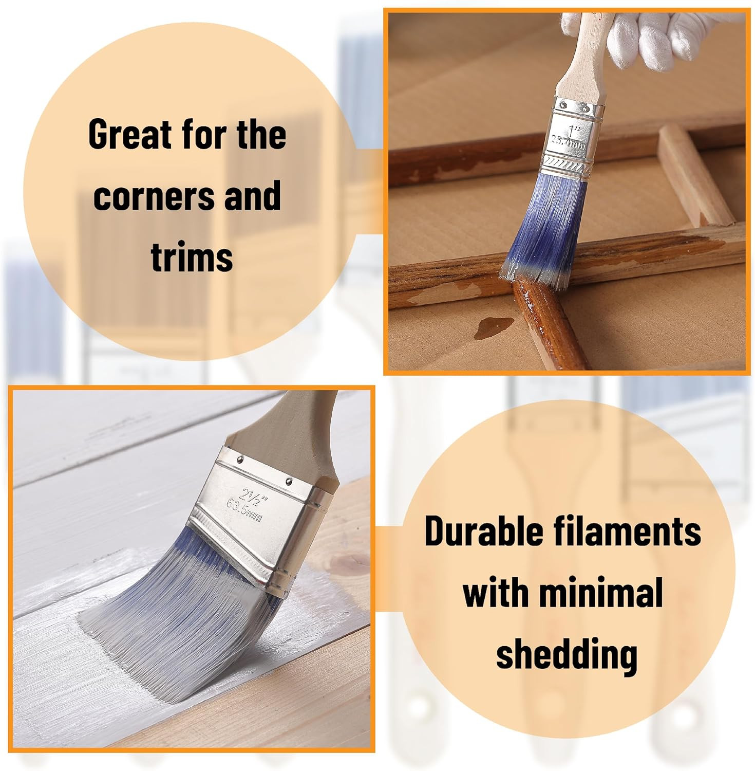 Bates Paint Brushes - 6 Pack, 1", 1.5", 2" Angle Brushes, Treated Wood Handle fo