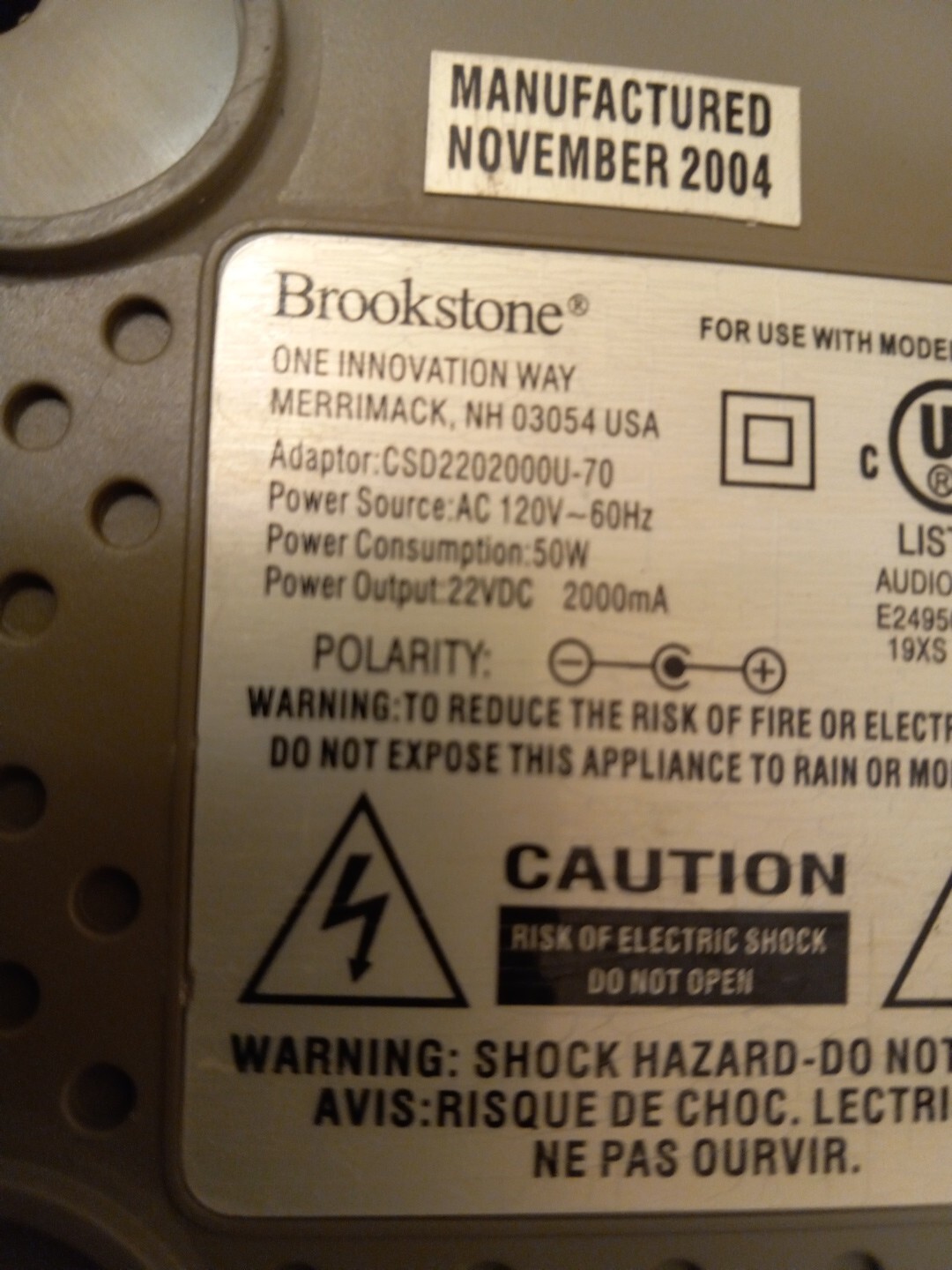 Brookstone Micro Bookshelf Stereo System Power Adaptor for Model MS1