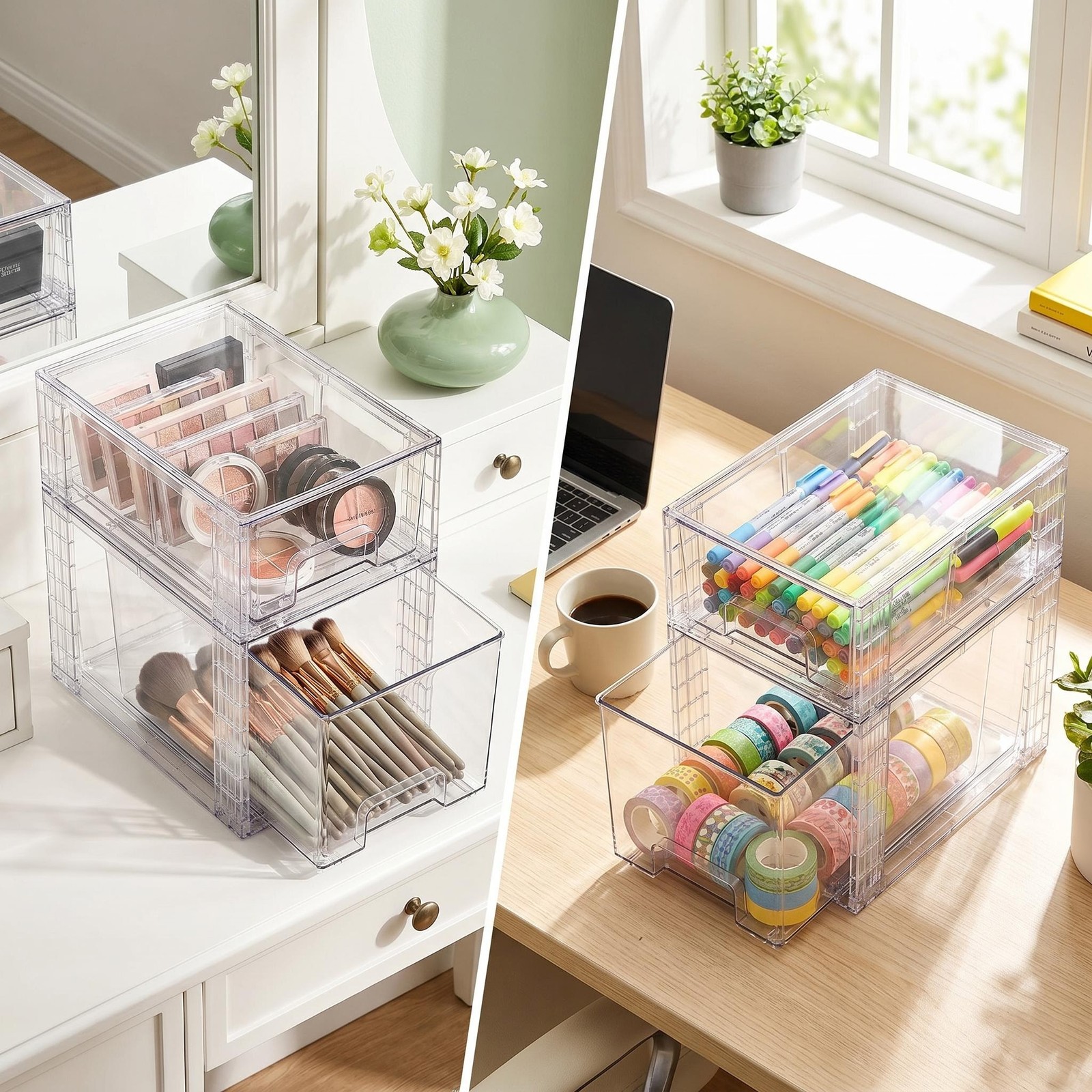 Chefstory 4 Pack Clear Stackable Storage Boxes for Pantry, Cabinet