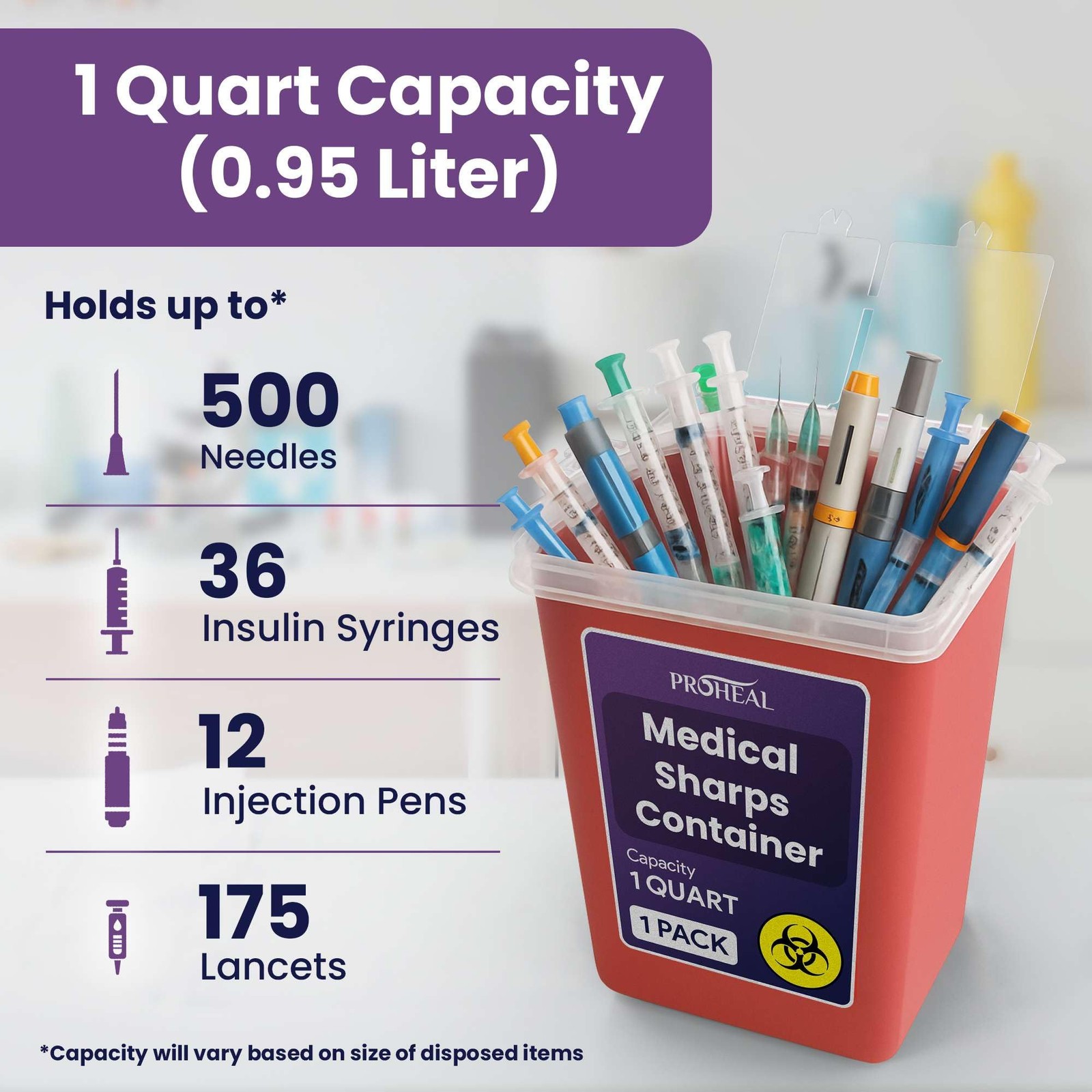 Small Sharps Container for Home Use - 1 Quart Needle Disposal 1 Quart, Red