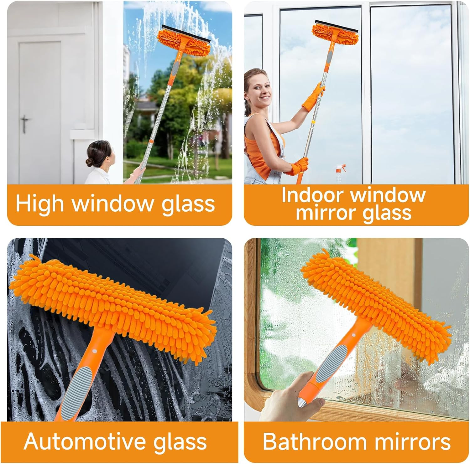 2 in 1 Window Squeegee Cleaner Kit Extension Pole, 67 In, Orange | Window