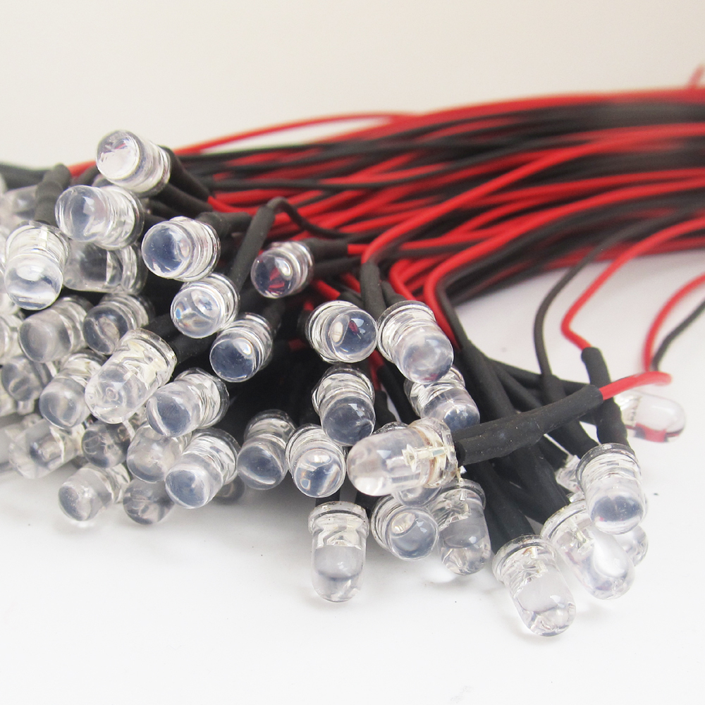 10pcs Transparent 5mm LED in Red/Yellow/Blue/Green Light w/10cm Wire w/Resistor