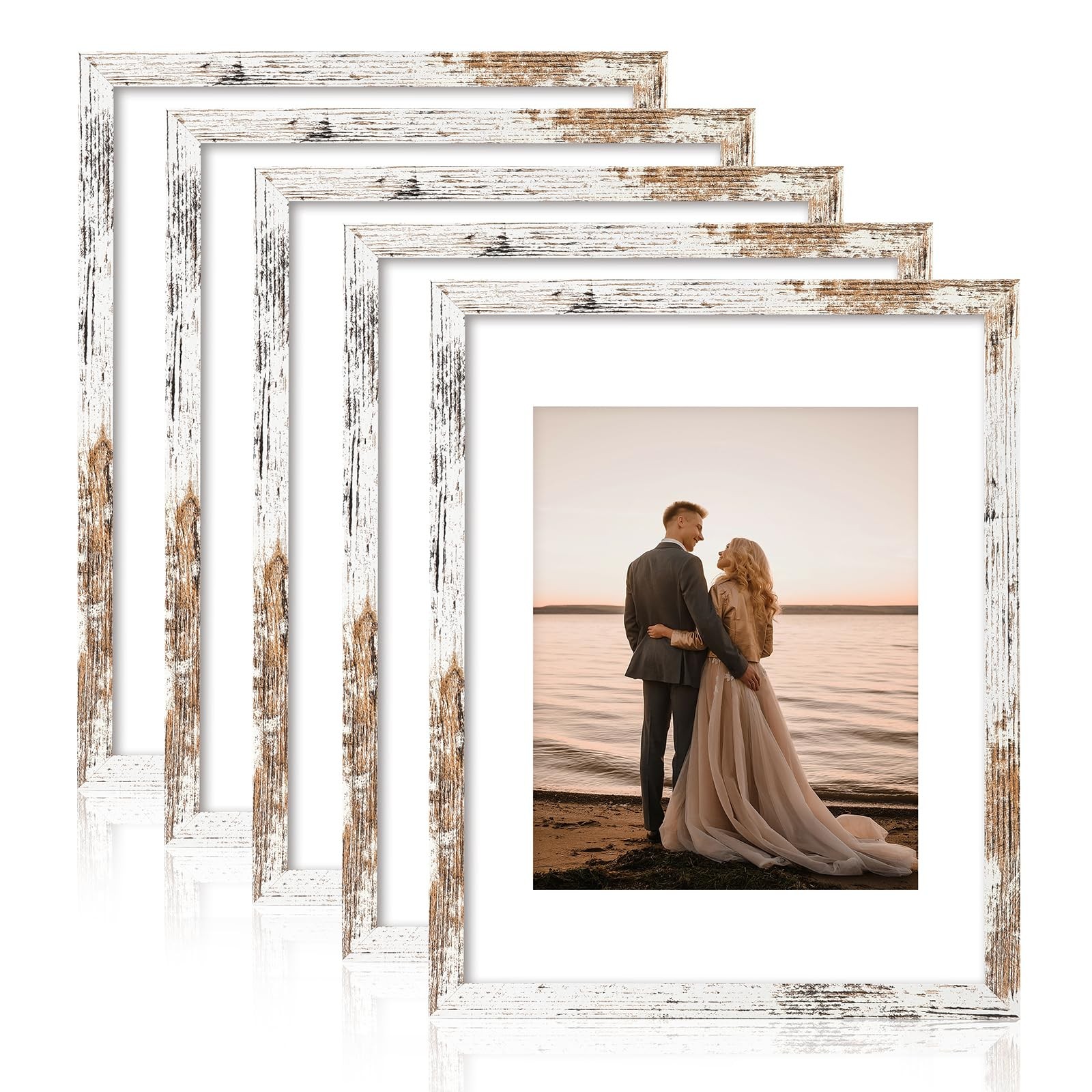 Fixwal 11x14 Picture Frames Set of 5, Distressed White Wood Vintage Poster Fr...