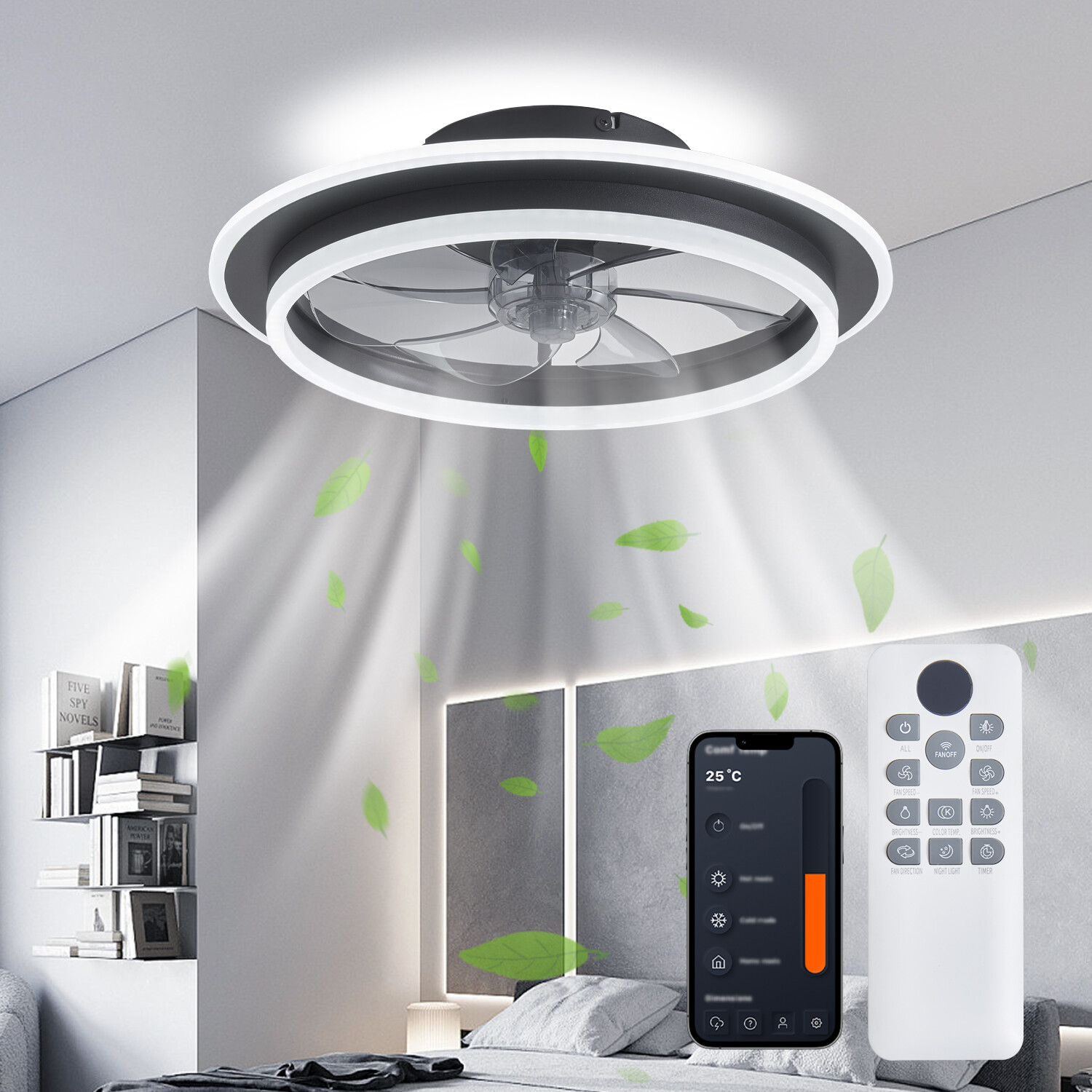 20" Modern LED Ceiling Fan Lights Flush Mount Light kit With APP Remote Control