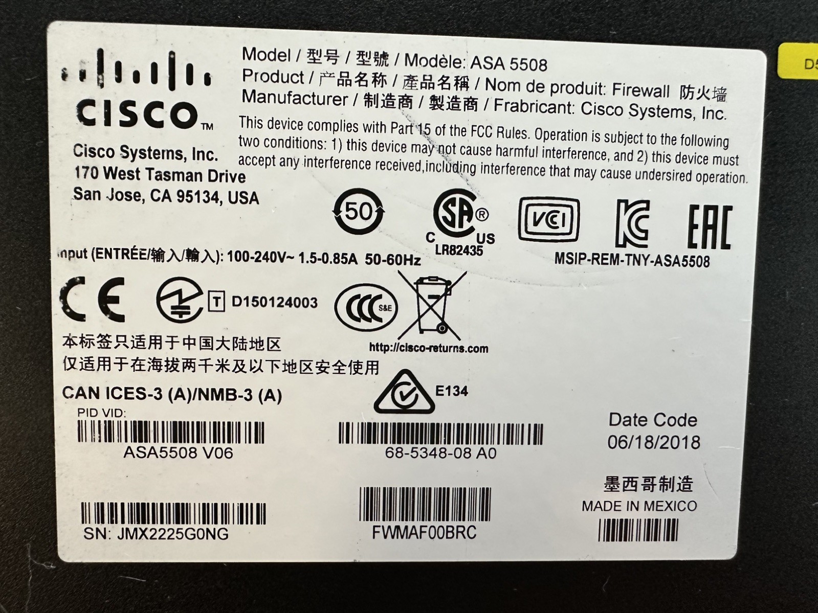 Cisco ASA 5508-X Firewall Clean Reset Tested + Power Cord Ready