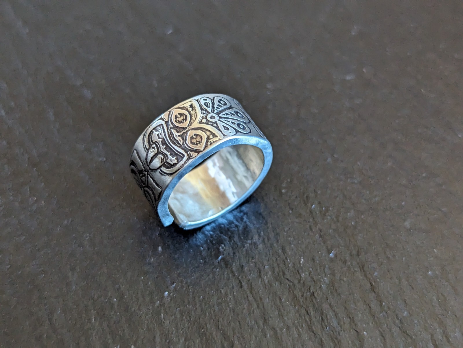 Thick sterling silver ring with tiki gods - handmade - open design
