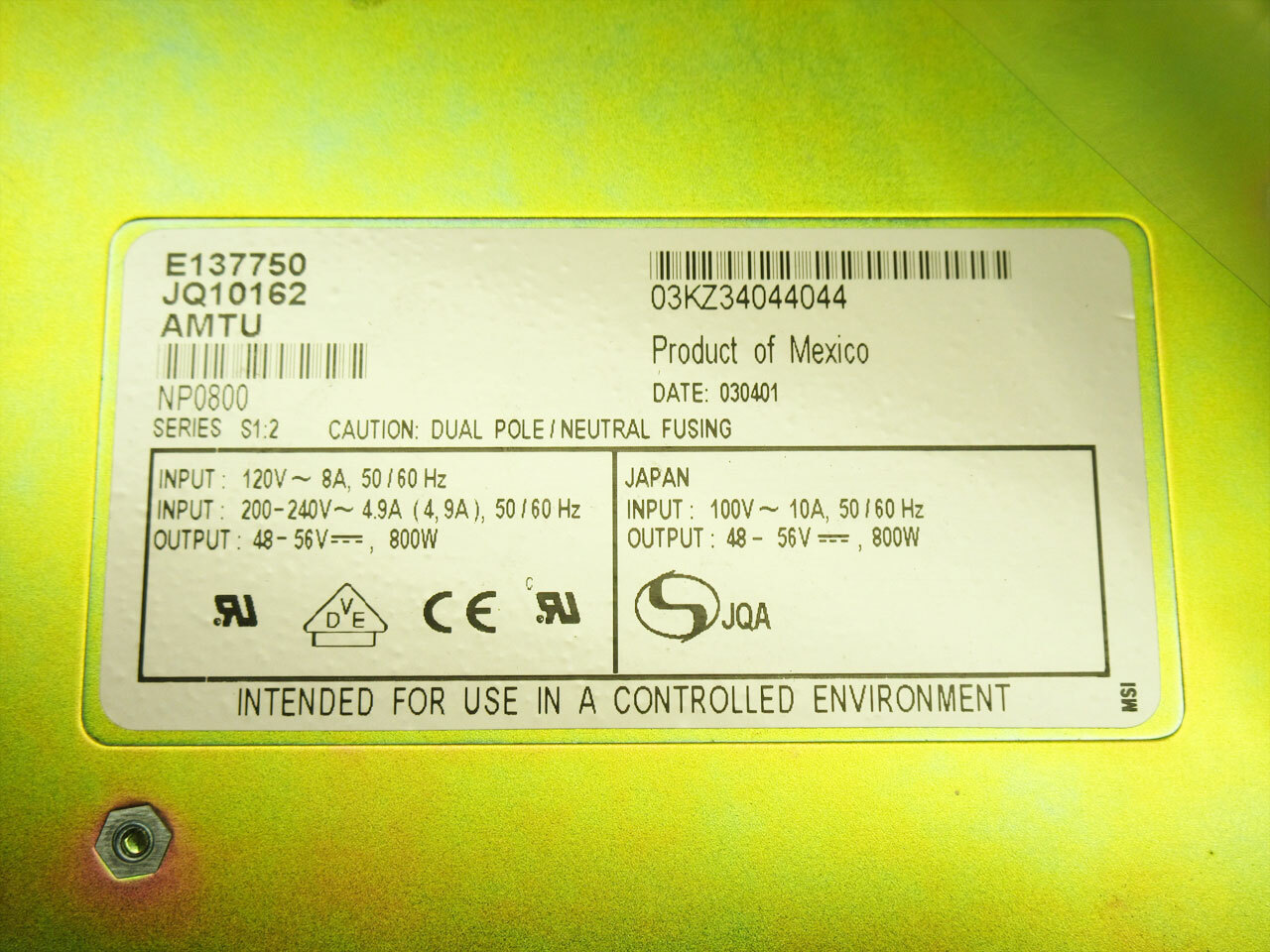 TYCO NP0800 DC POWER SUPPLY - BROKEN PLASTIC HANDLE