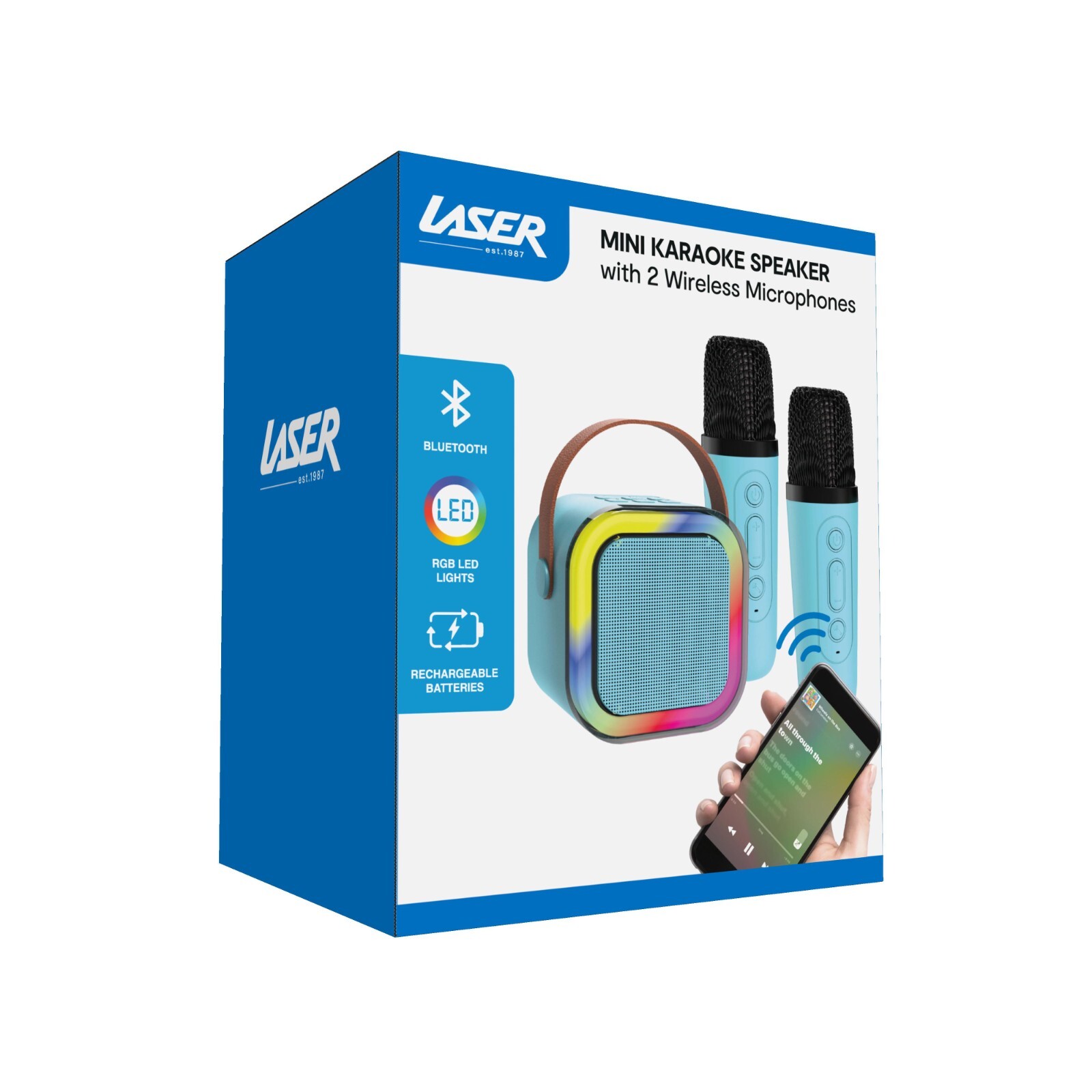 Laser Mini Karaoke Speaker with 2 Wireless Microphones Bluetooth Blue