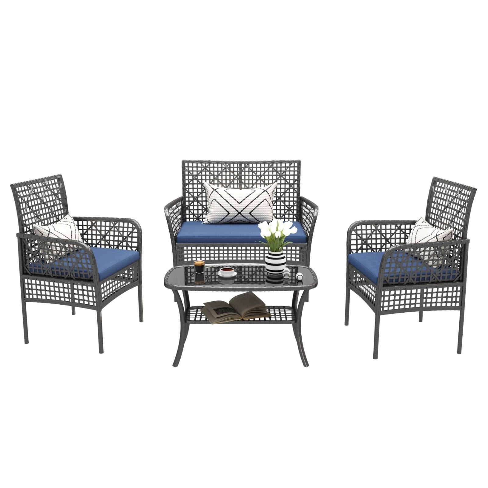 Outdoor PE Rattan Furniture Set with Cushions and Glass Table