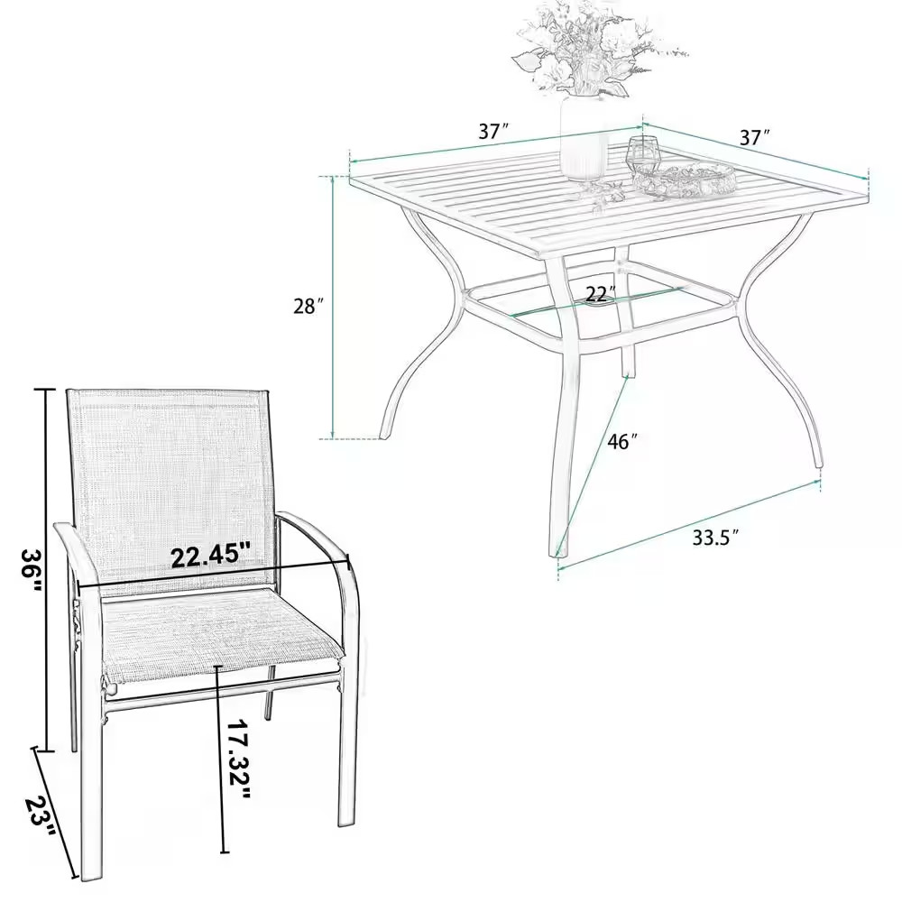 Black 5-Piece Metal Slat Square Table Patio Outdoor Dining Set with Blue Textile