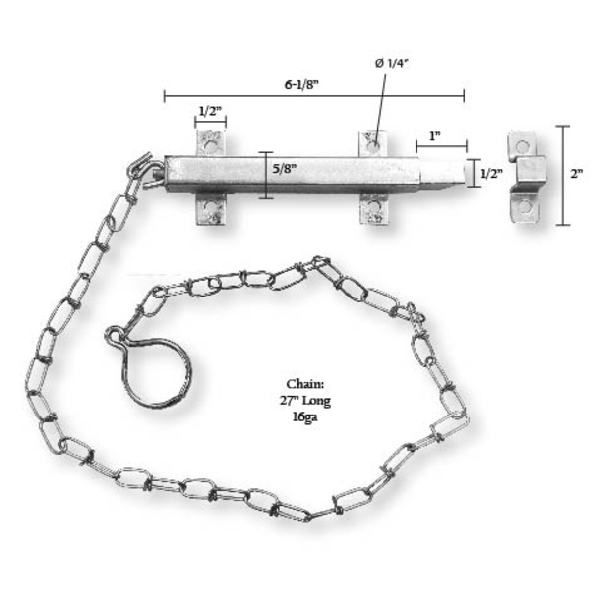 1/2" Square Spring Gate Door Latch Bolt-On with 24" Chain & 1 1/2" Ring