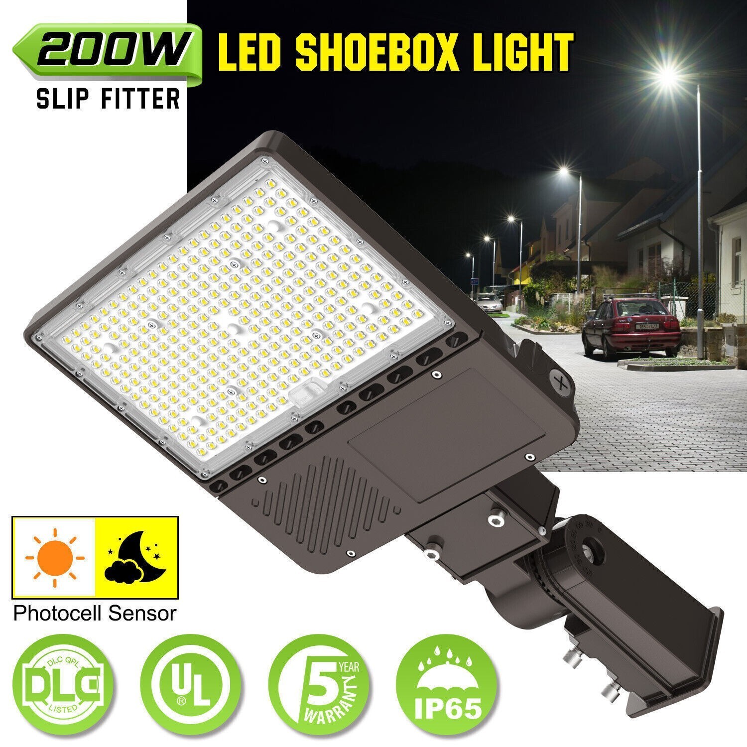 200W LED Parking Lot Light Dusk-to-Dawn Commercial Shoebox Street Lighting 5000K