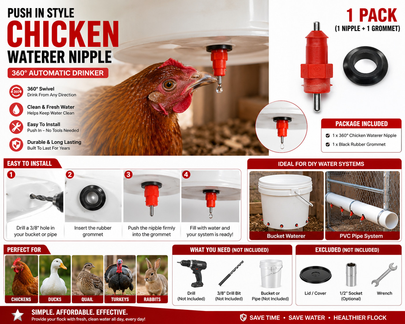 Push In Chicken Waterer Nipple 360° Poultry Drinker DIY Bucket PVC Waterer