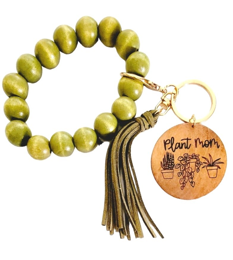 Plant Mom Bracelet Keychain Hands-Free Green Beaded Tassel Clip Wooden Keyring
