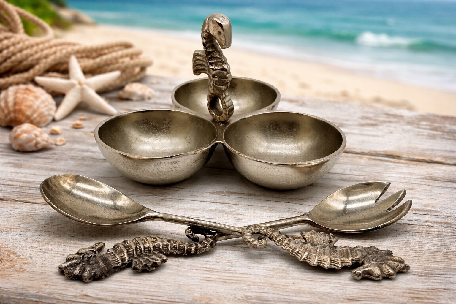 Silver Metal Seahorse Divided Condiment Server With Serving Utensils