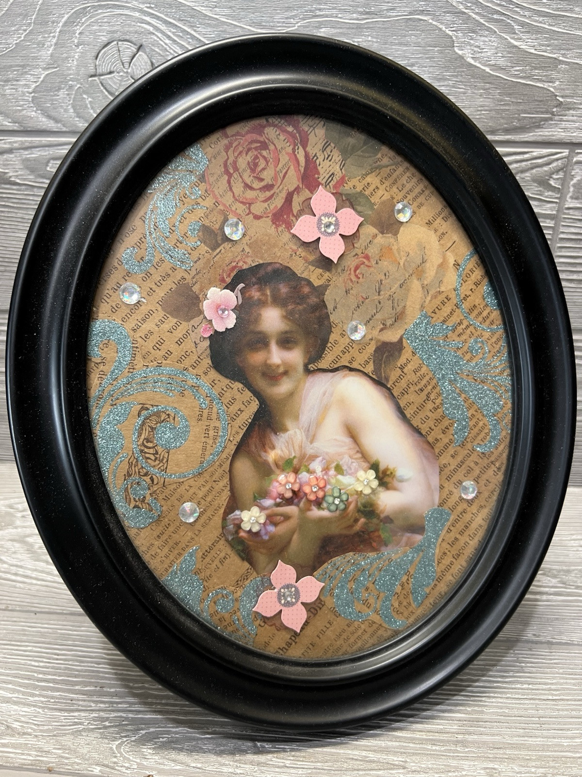 Old Fashioned Lady Handmade Collage Art Decor OOAK Oval Picture Frame