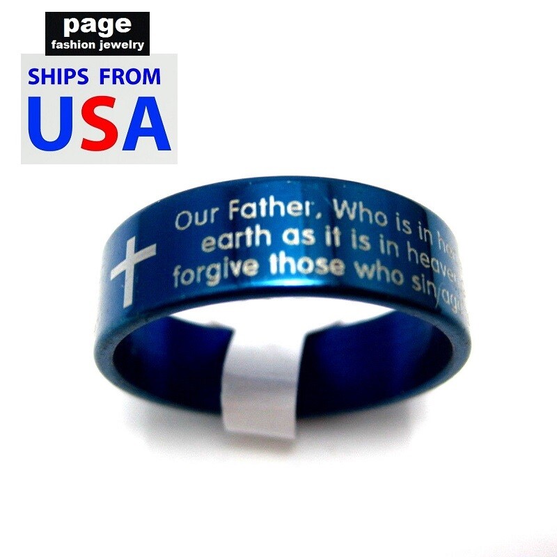 USA Seller- Lord's Prayer (English) Blue Stainless Steel Rings Sizes 6 - 12.5