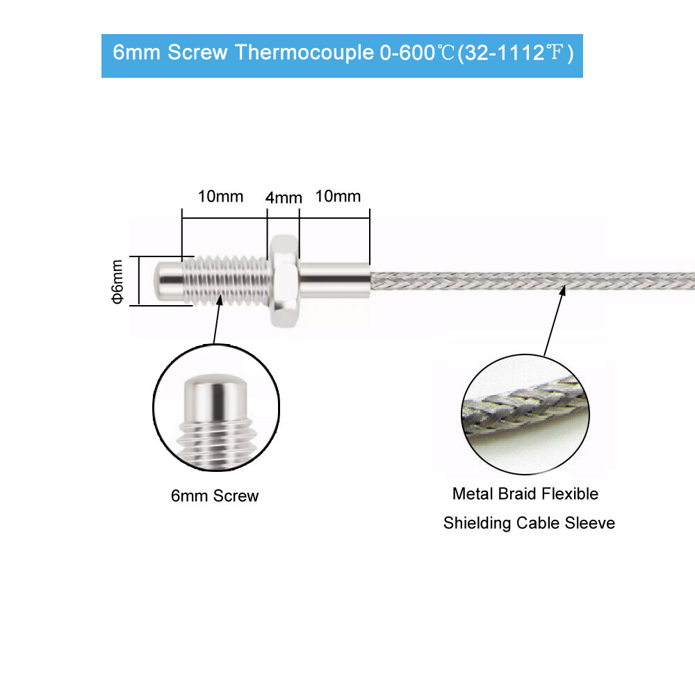 2M Cable K Type Screw Thermocouple Temperature Sensor Probe 6mm Thread 0-600℃