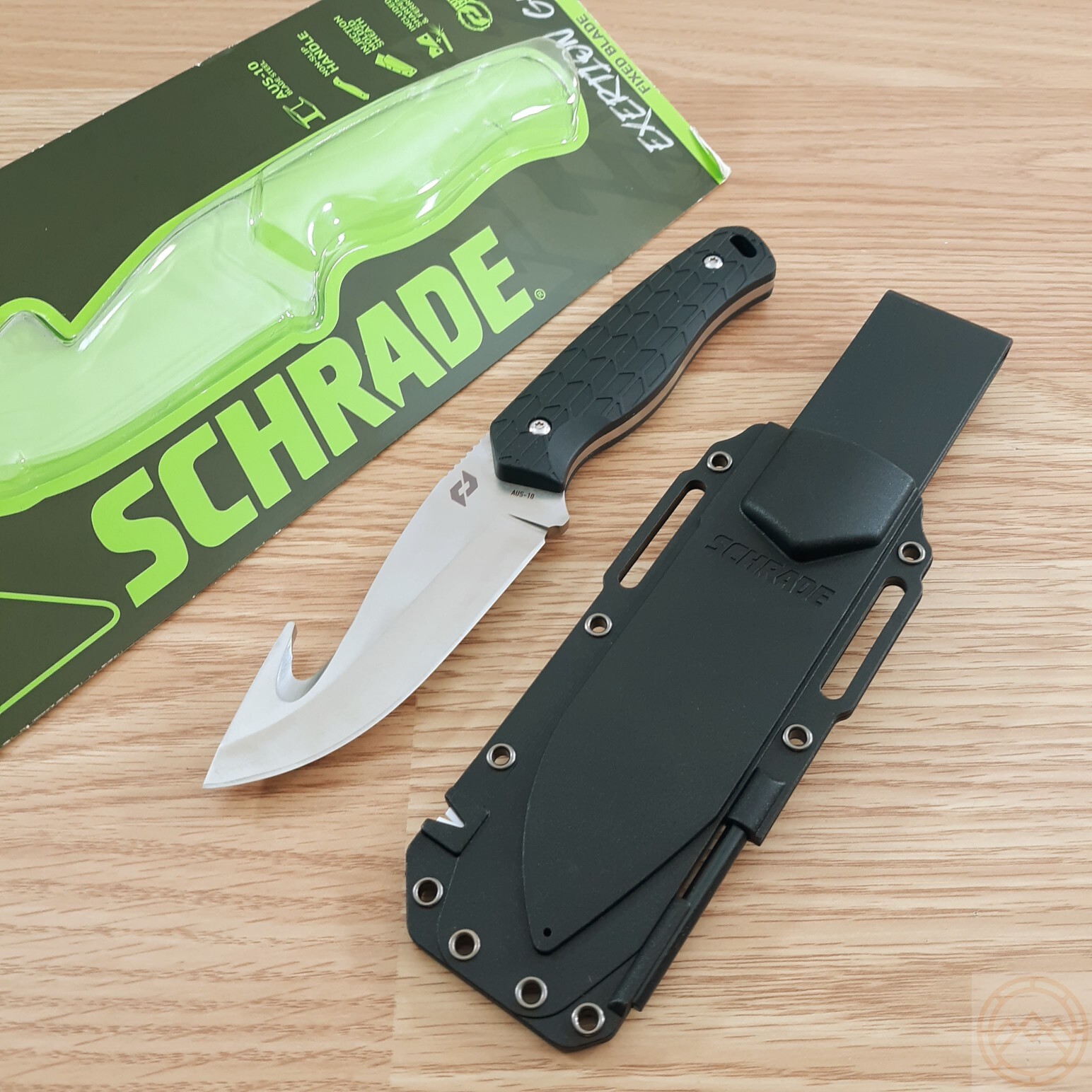 Schrade Exertion Fixed Knife 4" AUS-10 Steel Gut Hook Blade Black Rubber Handle