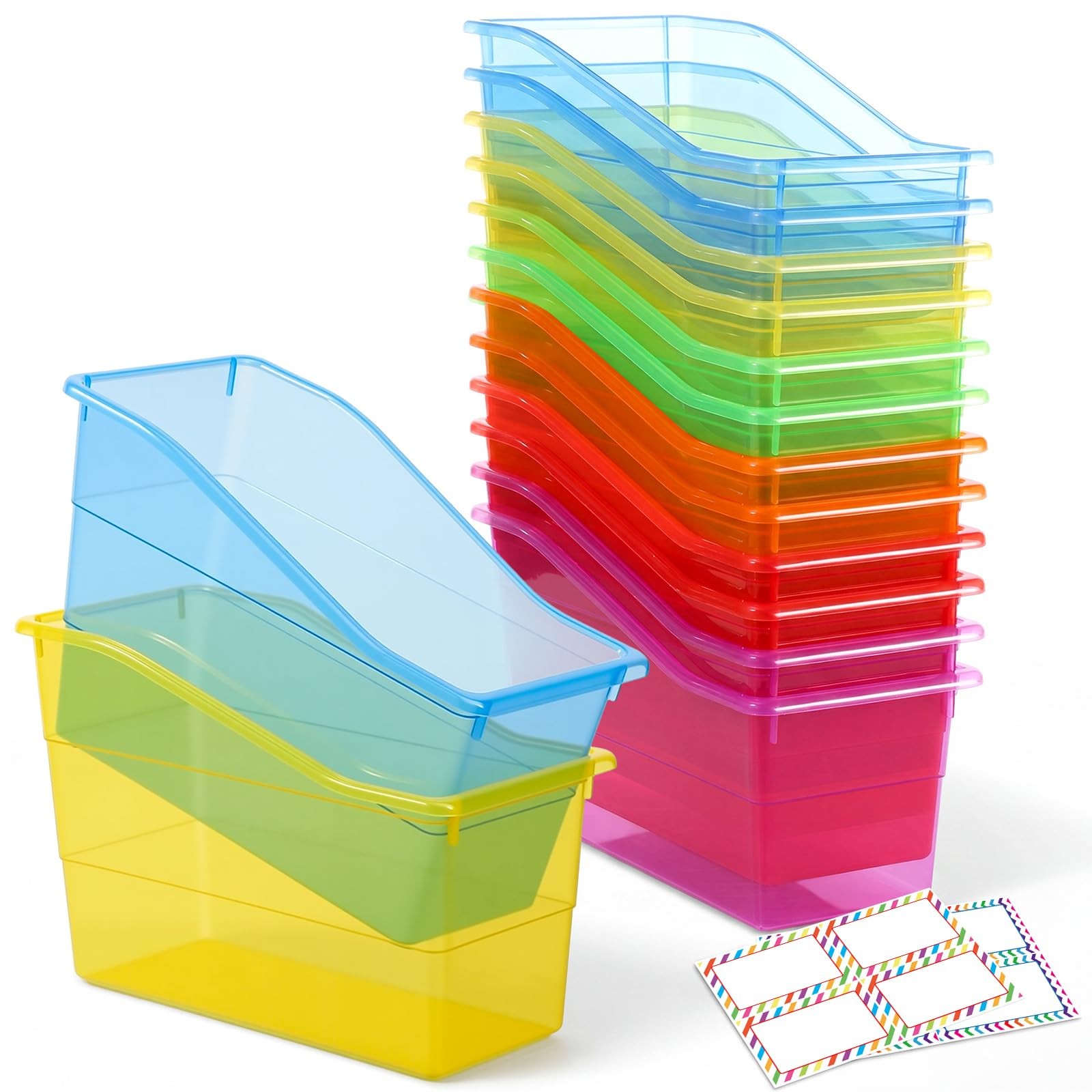 12 Set Book Bins for Classroom with Label Sticker Book Box Baskets Plastic St...