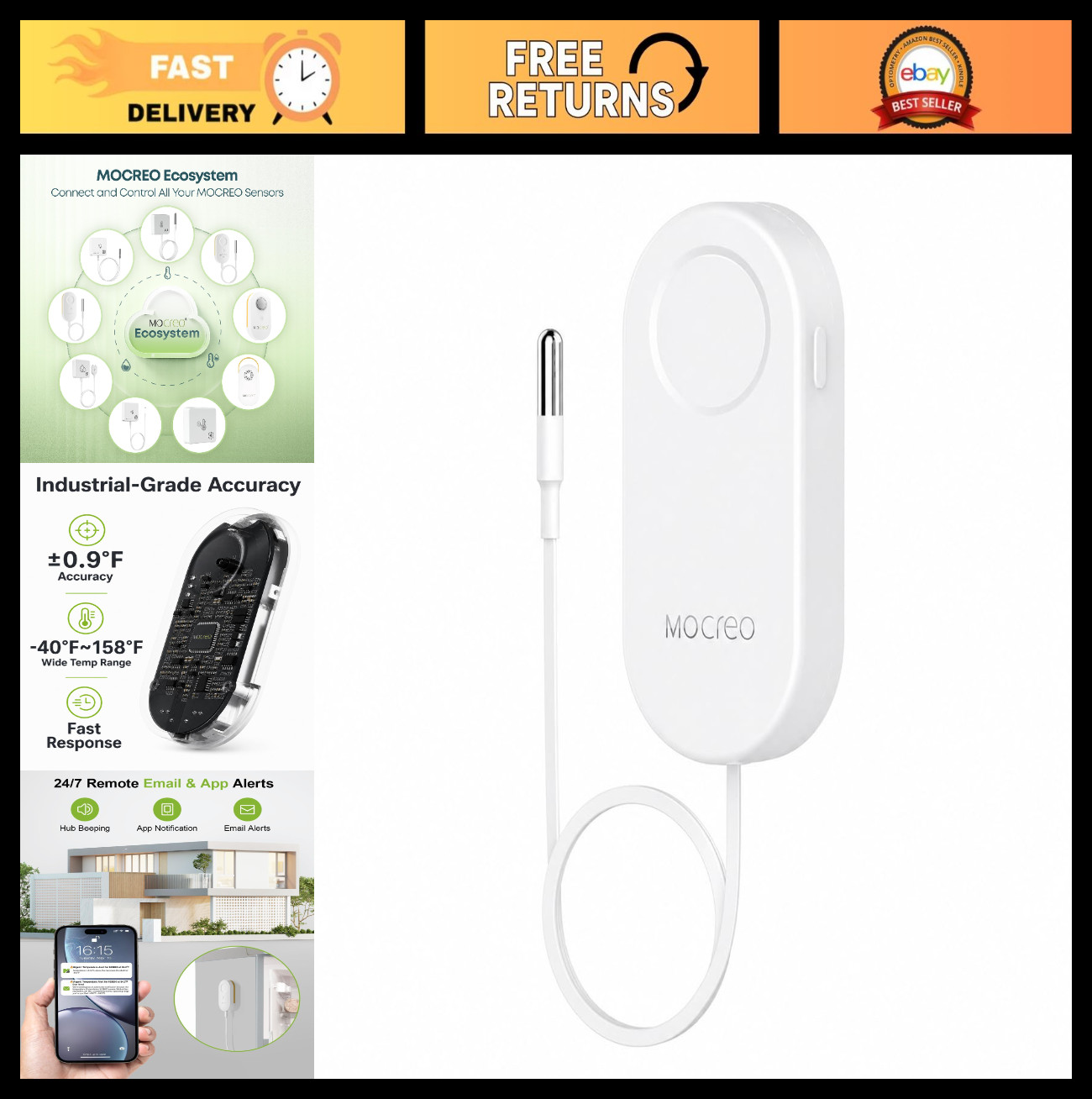 Wireless Freezer & Fridge Thermometer with App Alerts, Flat Probe, Remote Alarm