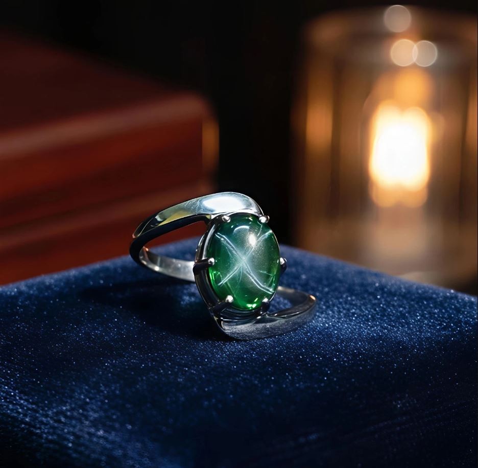 Green Lindy Star Sapphire Ring – Rare 6 Ray Star Gemstone Silver Ring
