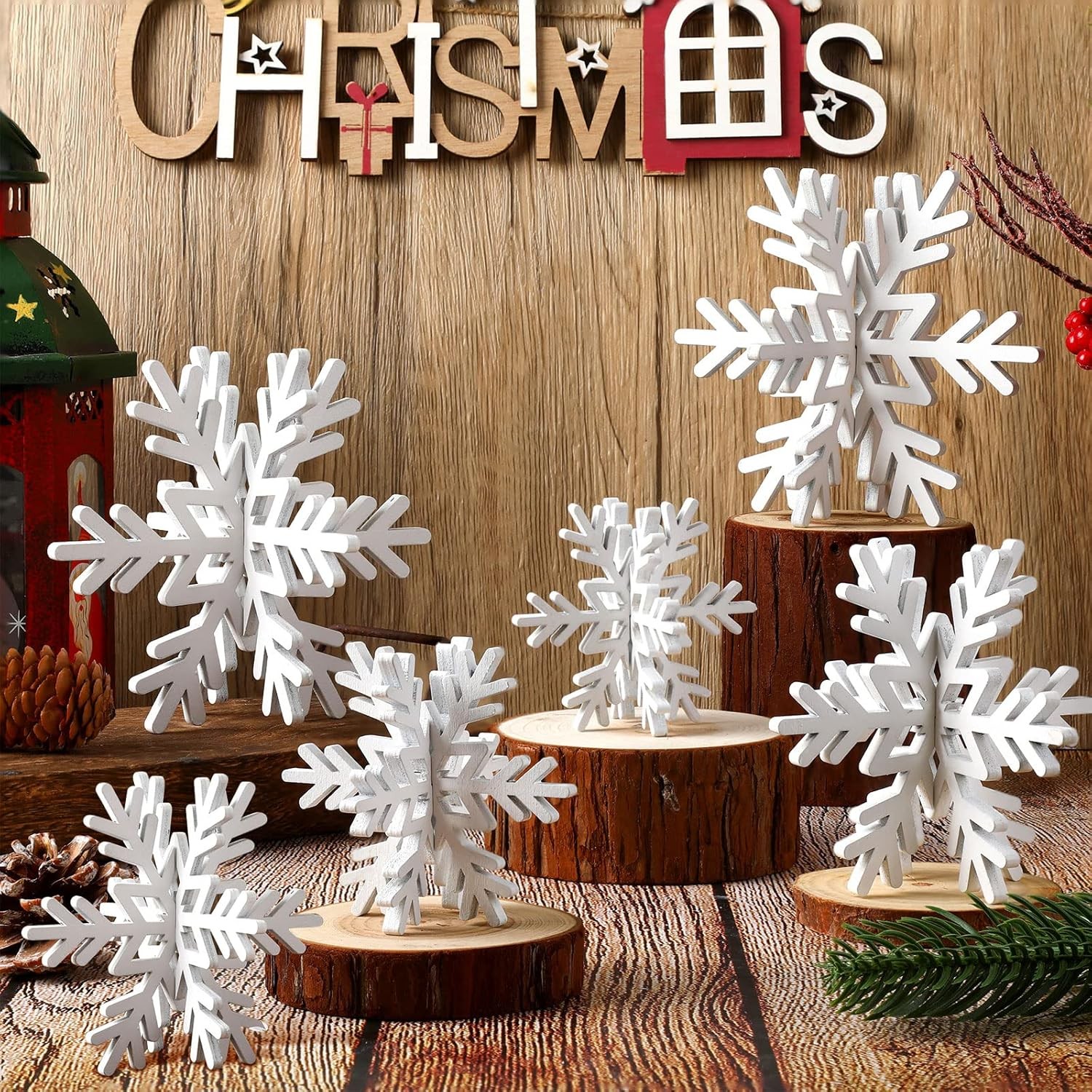 12 Pc Wooden Snowflake Table Decor White