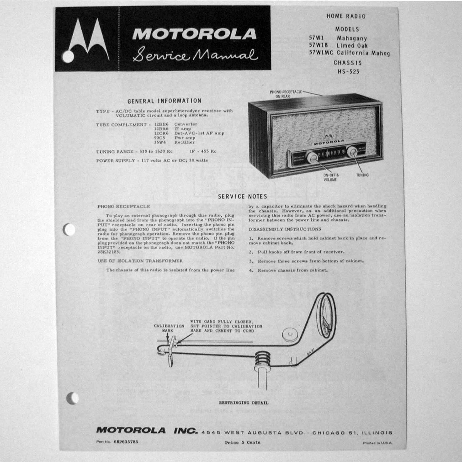 Motorola ® Models 57W1 57W1B 57W1MC HS-525 Table Top Radio Service Manual © 1956