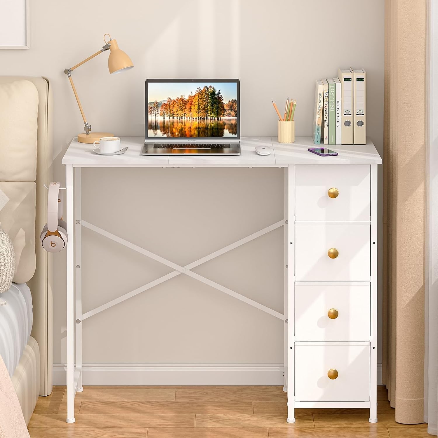 Small White Desk W/ Drawers Bedroom 35.4 Inch Kids Girls Teens Student Writing