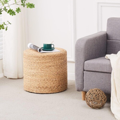 18'' Ottoman Pouf, Natural Braided Poof, Rustic Handweave Lounge Pouffe, Natural