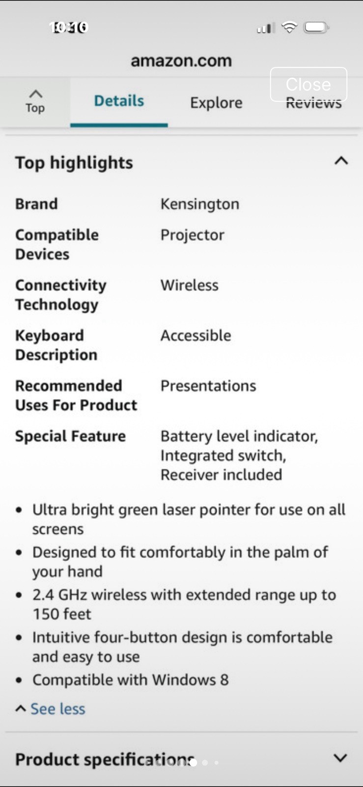 Kensington Wireless Presenter Pro Green Laser Pointer w/ USB Receiver, Black