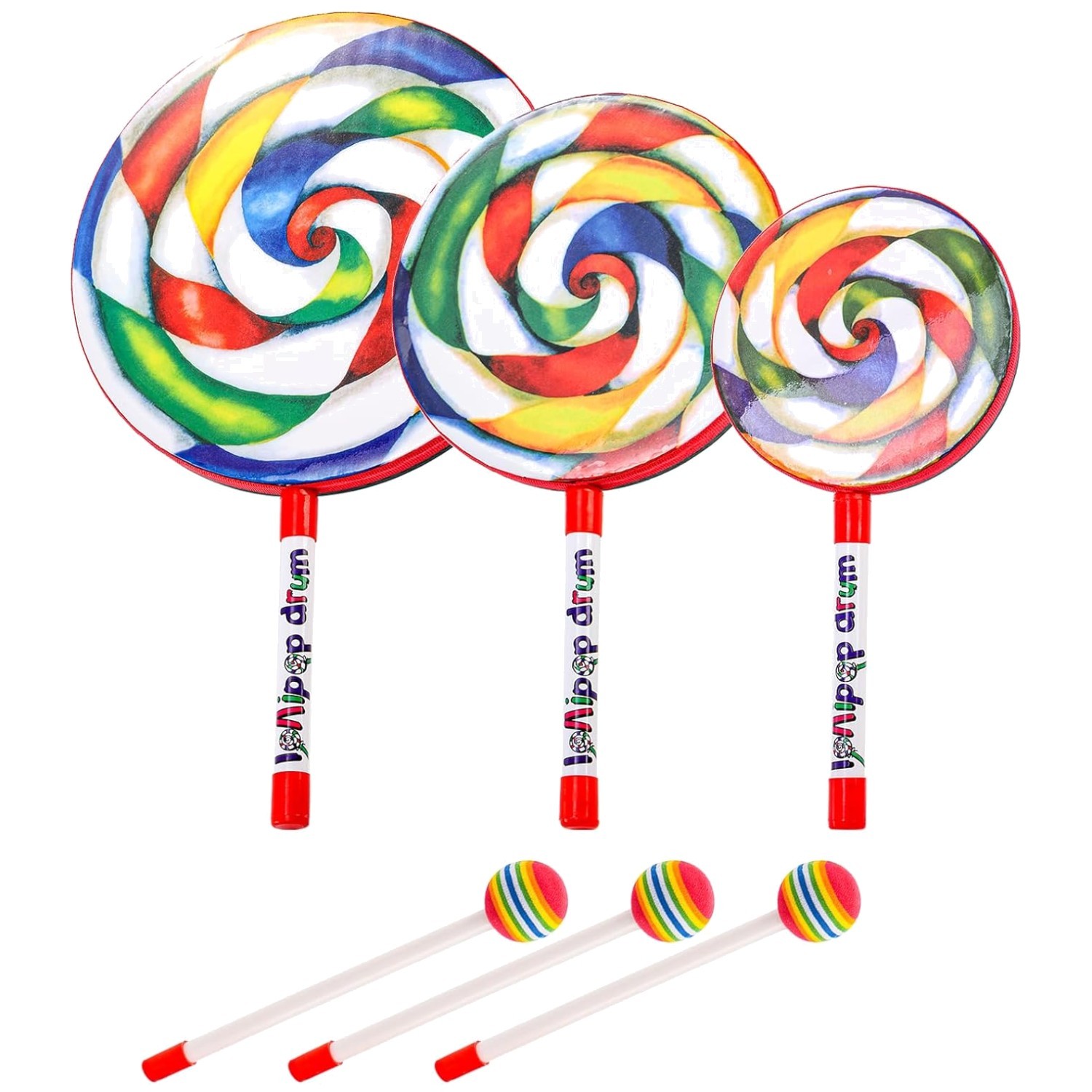 3-Piece Rainbow Lollipop Drum Set with Mallets - Fun Percussion Instruments