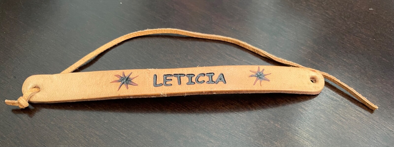 LEATHER BRACELET HANDMADE CUSTOM W/ NAME "LETICIA" - STRAP TIE CLOSURE