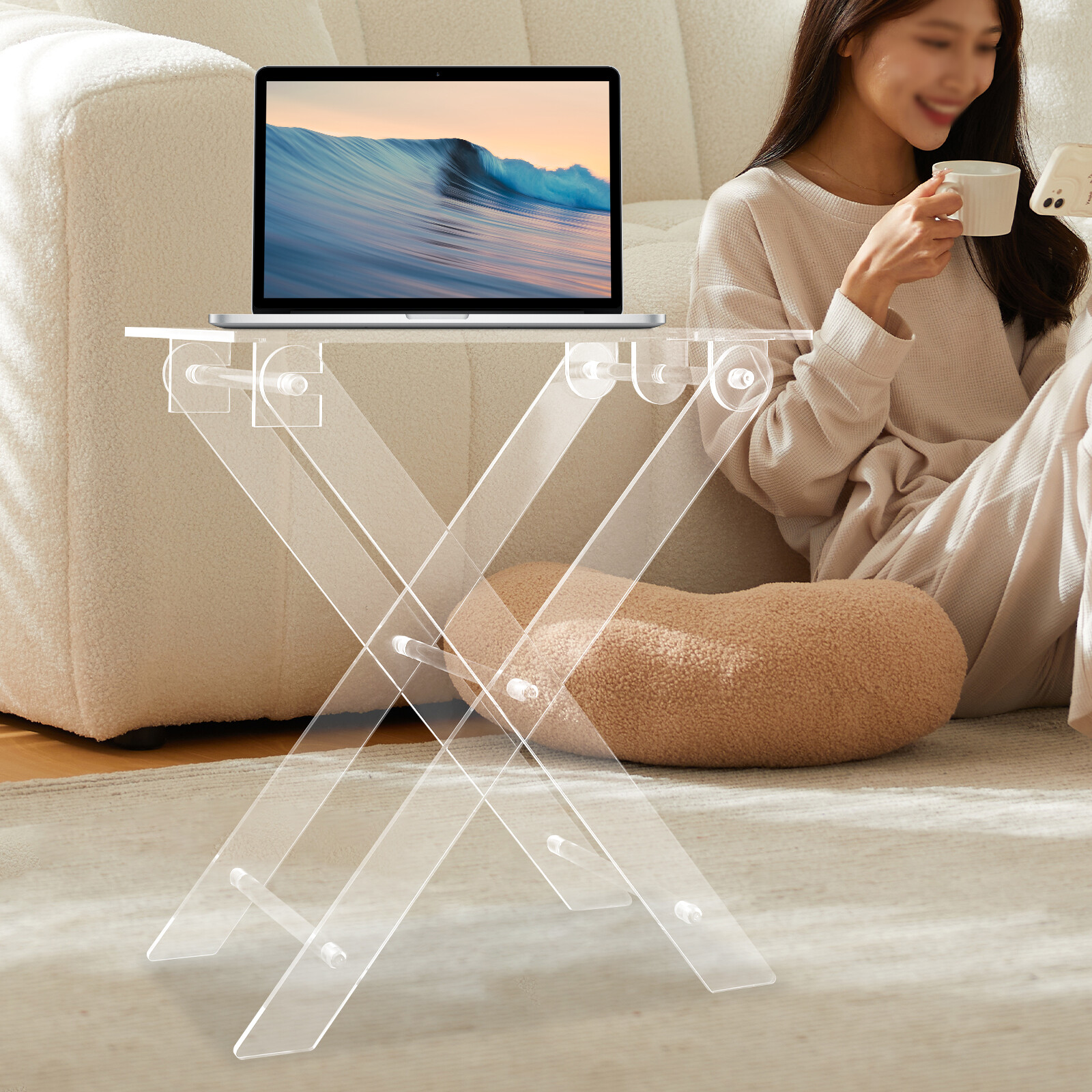 Foldable Acrylic Computer Table X-shaped Clear Computer Rack Stand Coffee Table