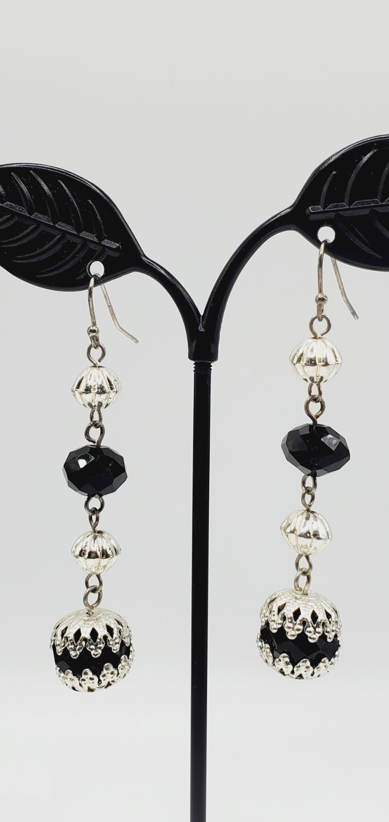 2.5" Asymmetrical Black Crystal & Silver Tone Dangling Pierced Earrings