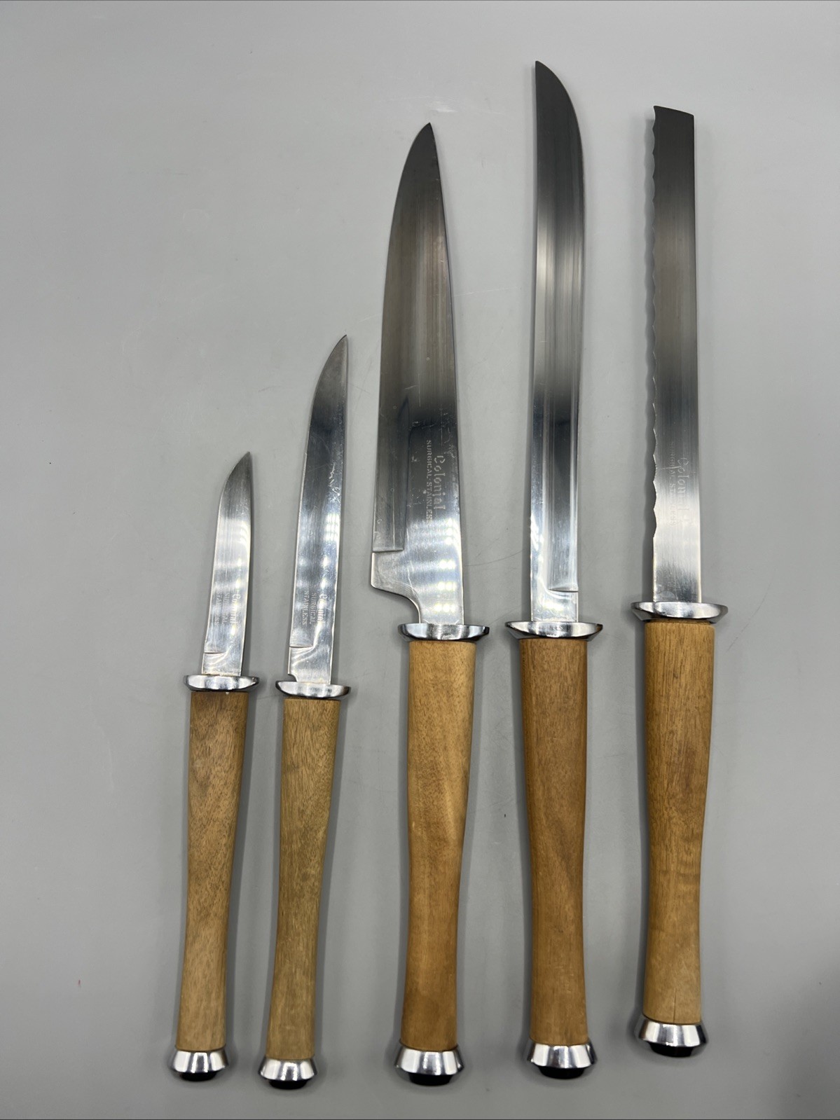 Vintage Colonial Surgical Stainless Steel & Wood Handle Knife Set 5 Knives READ