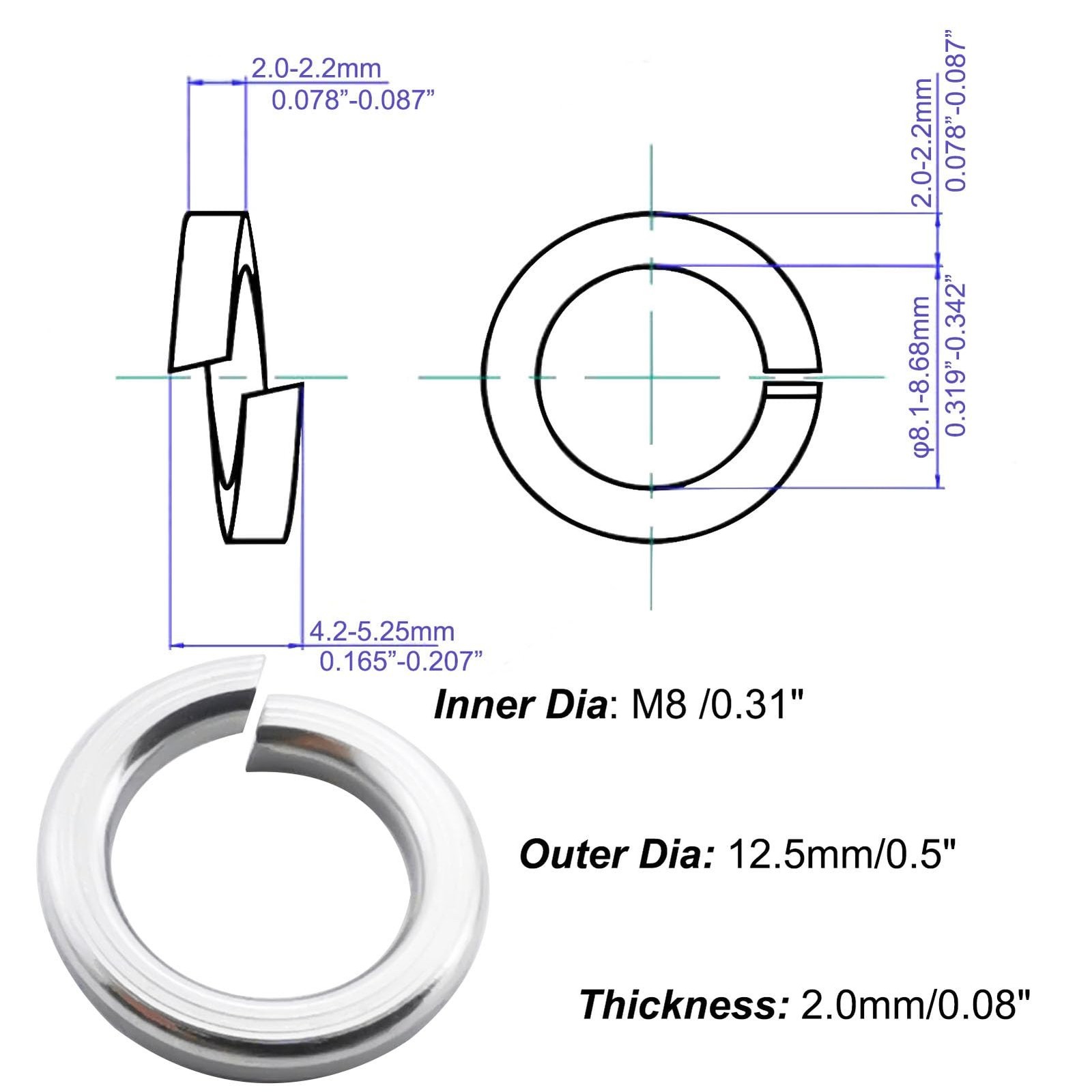 M8 Split Lock Washer,120PCS 304 Stainless Steel(18-8) Spring Lock Washers for...