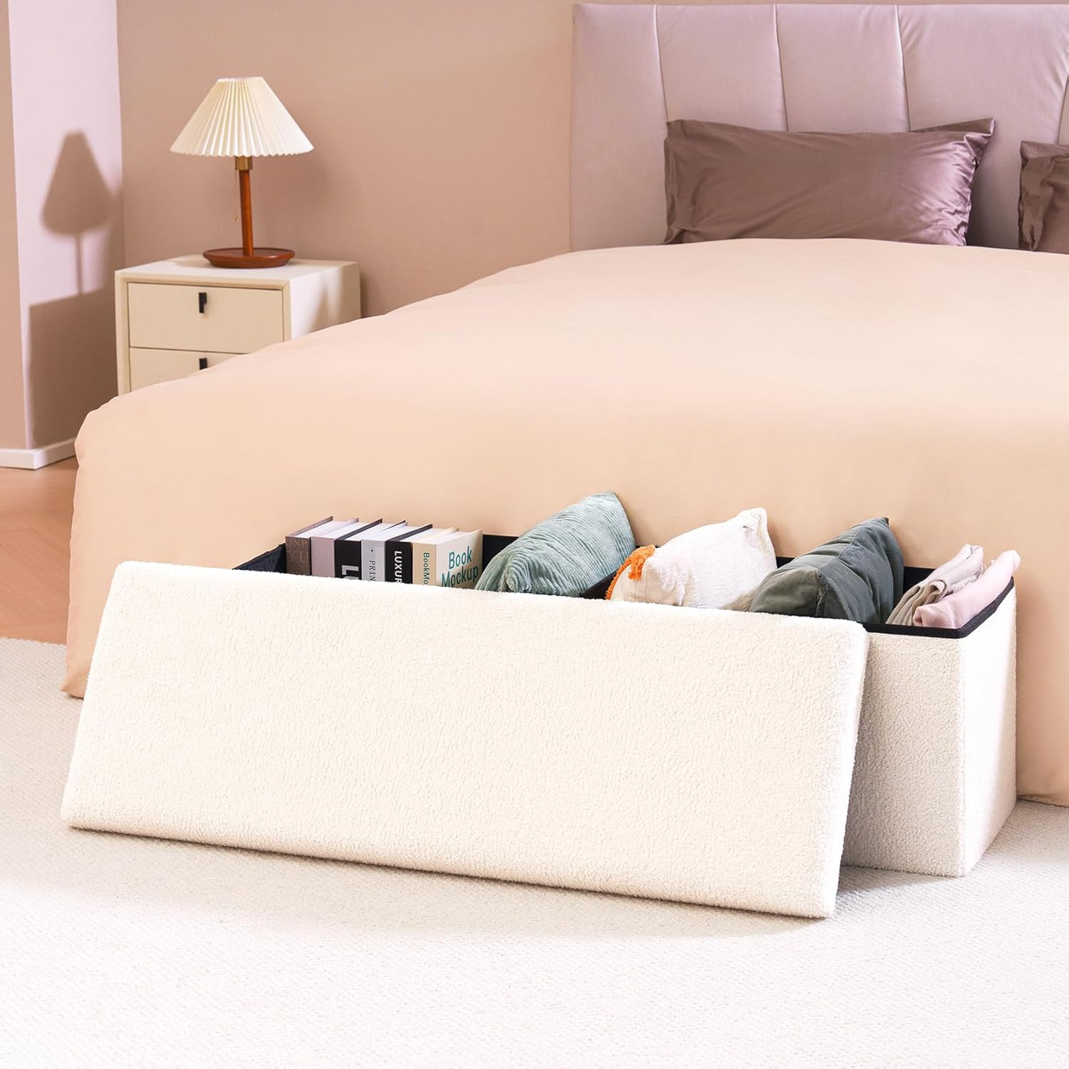Folding Storage Ottoman Bench, Upholstered Sherpa Ottoman, Large Storage Chest F