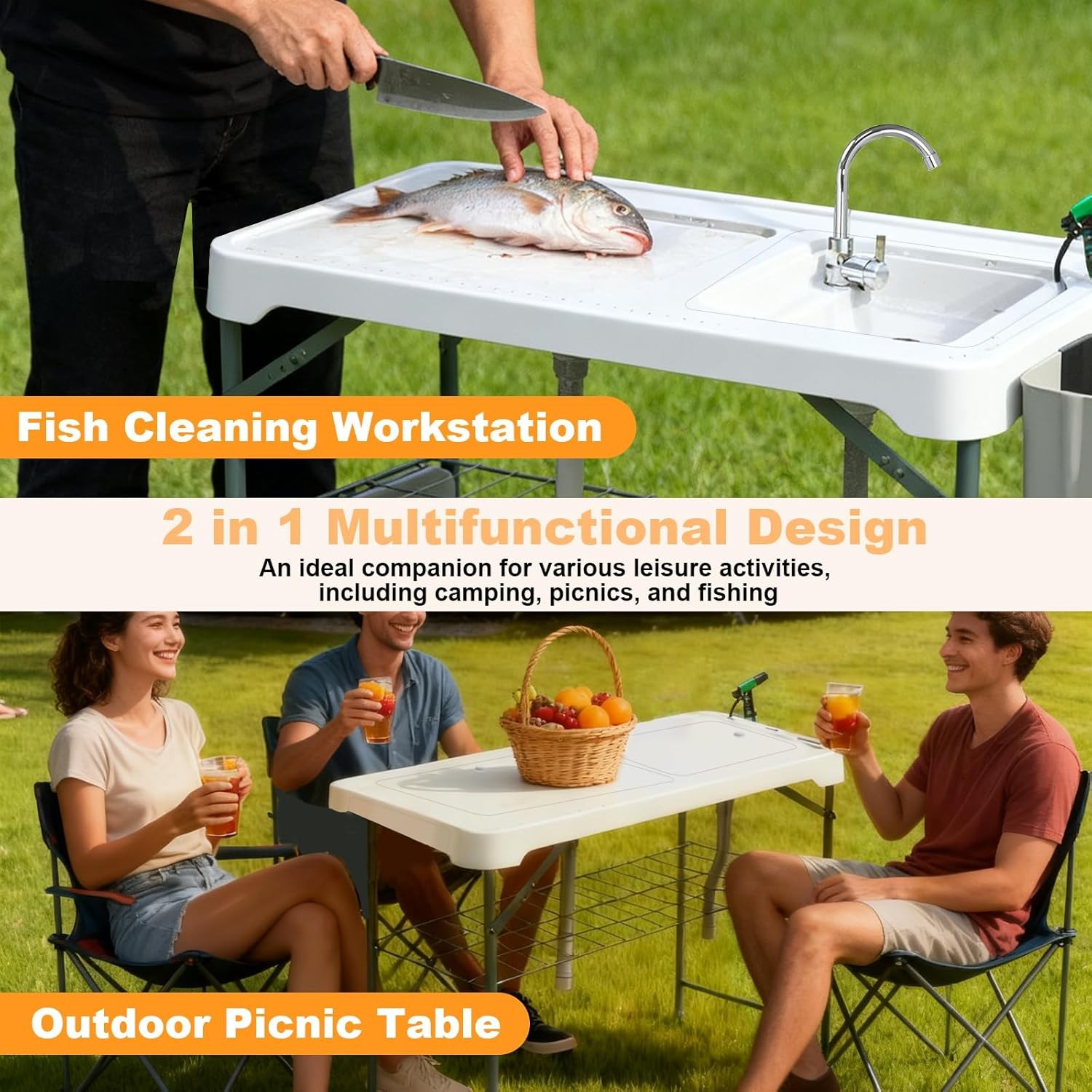 Fish Cleaning Table with 2 Sinks & Grid Rack - 42.5” Outdoor Fish Fillet Clean