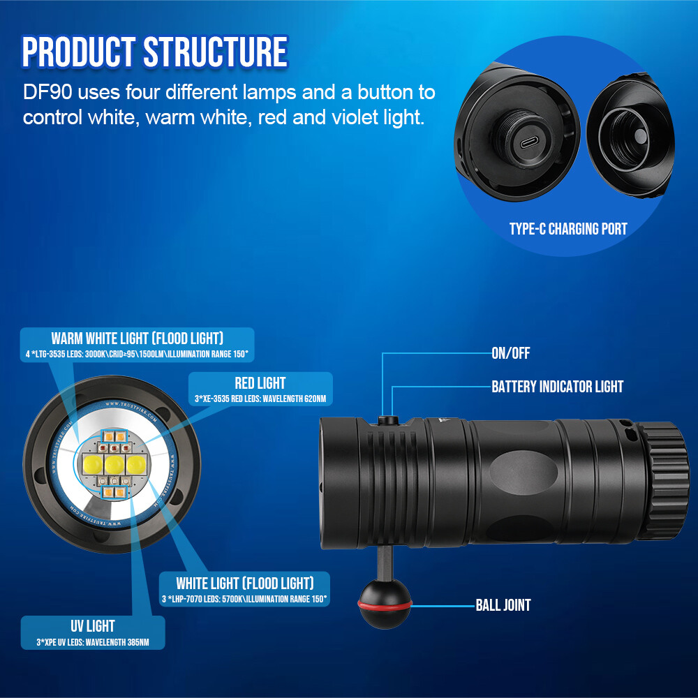 TustFire DF90 Kit 15000Lumen Brightest LED Diving Light Waterproof Flashlight