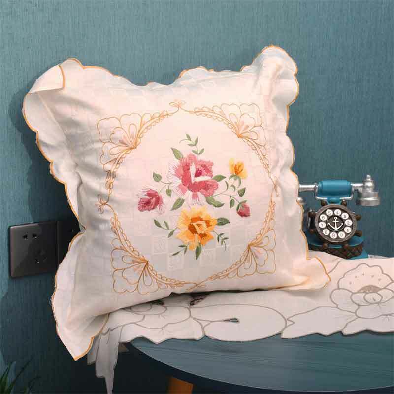 Beautiful Red Yellow Rose Thread Hand Embroidery Ivory Zipper Cushion Cover