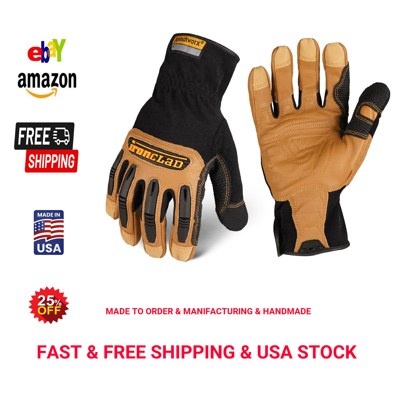 Leather Work Gloves RWG2 Performance Fit Durable Machine Washable 1 Pair Brown