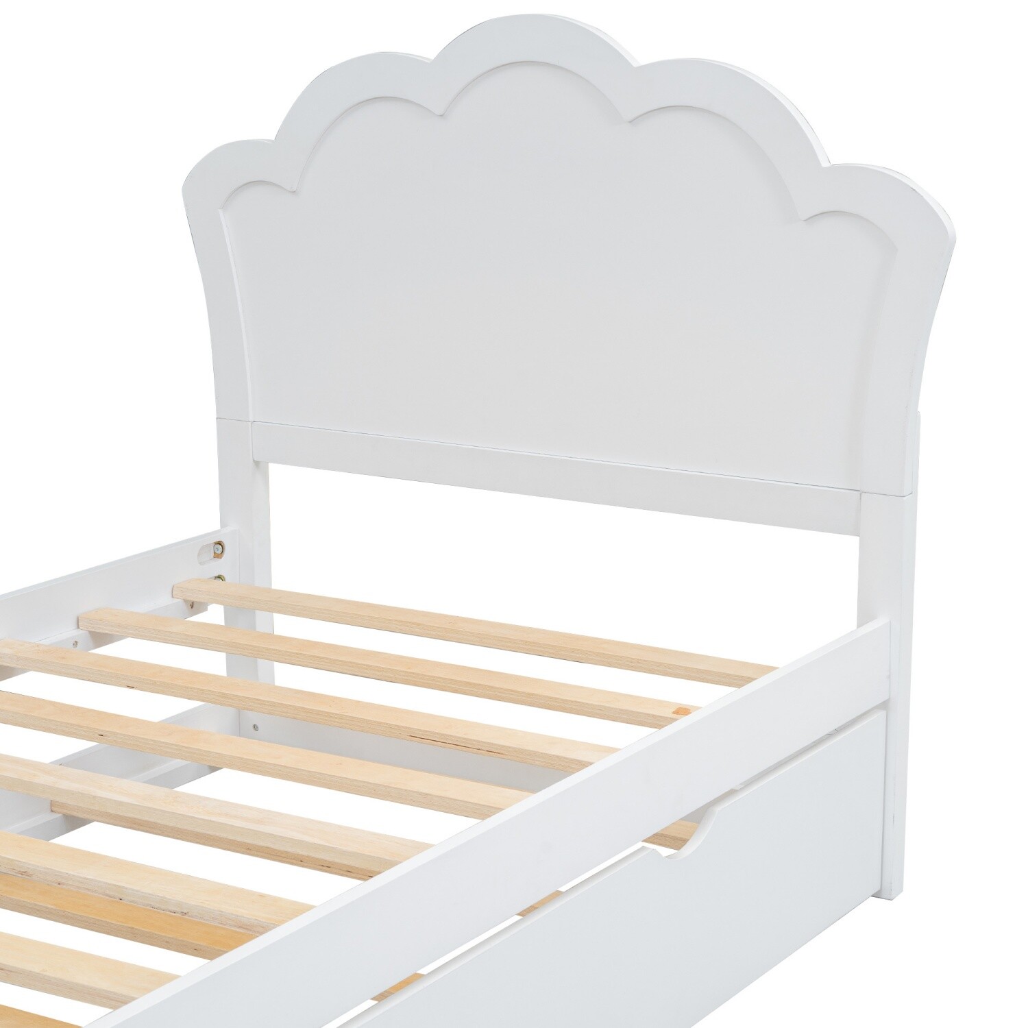 Twin/Full Size Bed Frame Wood Platform Bed with Trundle & Headboard White