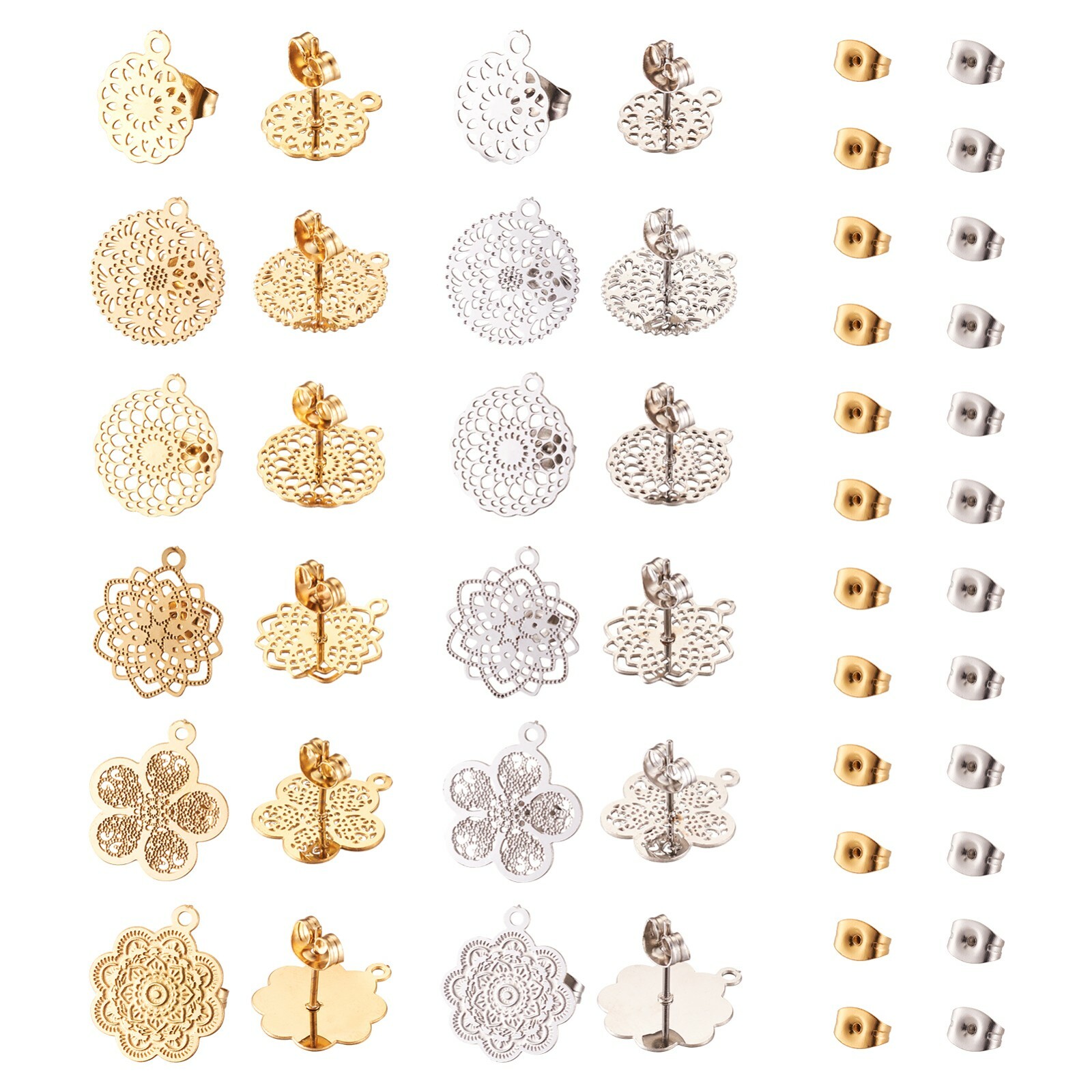 1 Box Flat Round Hollow Filigree Flower Stainless Steel Stud Earring Findings