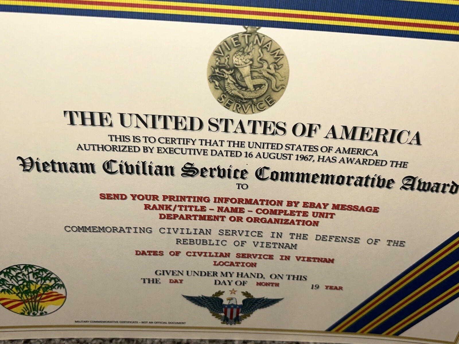 VIETNAM CIVILIAN SERVICE AWARD COMMEMORATIVE CERTIFICATE ~ W/PRINTING TYPE-1